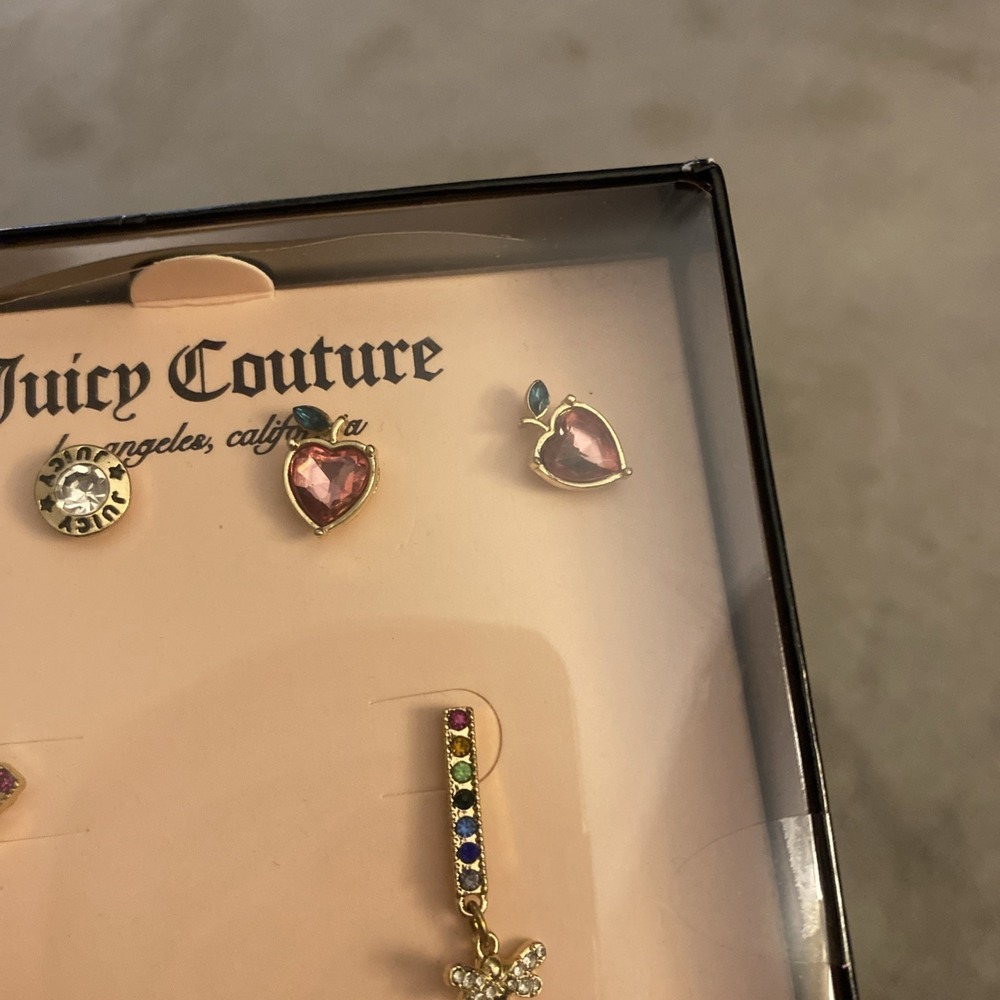NWOT JUICY COUTURE EARRING SET OF 3 PAIR APPLE/JUICY/RAINBOW DANGLE GOLDTONE - Picture 3 of 12